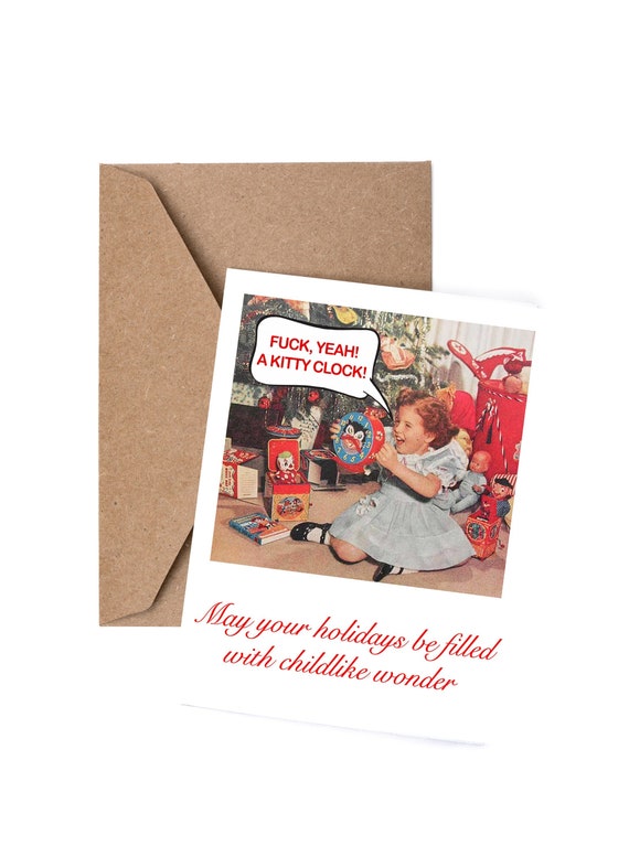 Funny Christmas Card | Vintage | “Fuck yeah! A kitty clock! May your holidays be filled with childlike wonder"