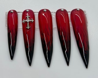 Crimson Death- Vampire Goth Red and Black Luxury Gel Press On Nails/Goth Nails/Witchy Nails/Alt Flame Nails/Red Gothic Nails/Drag Nails