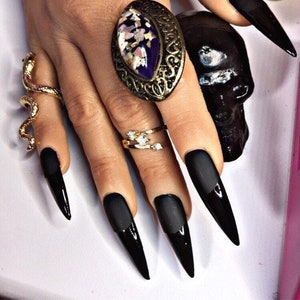 Temptress-Black Goth Nails- Black Luxury Gel Press On Nails/Black Matte French Tip Nails/Black Nails/Black French Manicure/Drag Nails