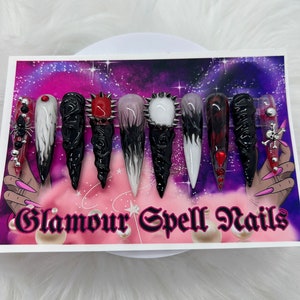 Black Tar - Gothic Red,Black, White Luxury Gel Press On Nail Kit/Vampire Nails/Witchy Nails/Junk Nails/Goth Nails/Spooky Nails/Cosplay Nails