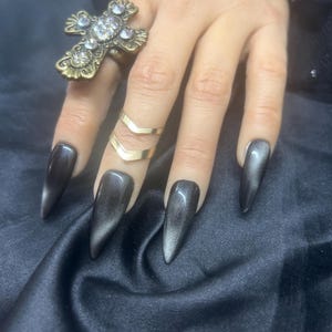 Black Smoke- Black & Silver Cat Eye   Glossy Gel Nails- Luxury Gel Press On Nails/Black Nails/Witchy Nails/Goth Nails/Witchy Nails