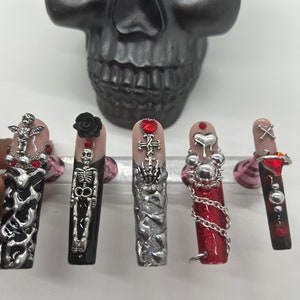 Chrome Lava- Goth Nails-Red, Black, & Chrome Luxury Press On Nail Set/Red Alt Nails/Red Goth Nails/Goth Skull Nails/Chrome Nails/Drag Nails