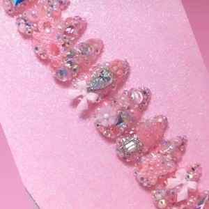 Kawaii Goddess Pink & Pearl Bling Junk Nails/Bling Nails/Junk Nails/Kawaii Nails/Pink Alternative Nails/Kawaii Junk Nails