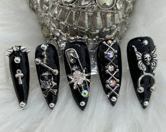 Dead Gurl-Black Goth Nails-Black Gothic Luxury Press On Junk Nail Set/Alt Goth Nails/Black Goth Nails/Goth Nail Charms/Drag Nails