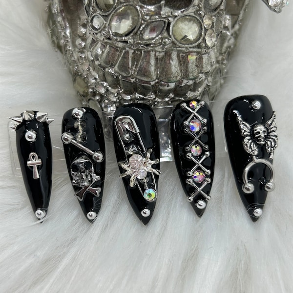 Dead Gurl-Black Goth Nails-Black Gothic Luxury Press On Junk Nail Set/Alt Goth Nails/Black Goth Nails/Goth Nail Charms/Drag Nails