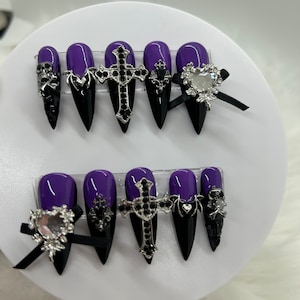 Violet Vamp-Goth Alternative Purple & Black Luxury Gel Press On Nail Kit/Purple Alt Junk Nails/Handmade Purple Gel Nails/Purple Goth Nails