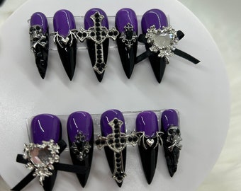 Violet Vamp-Goth Alternative Purple & Black Luxury Gel Press On Nail Kit/Purple Alt Junk Nails/Handmade Purple Gel Nails/Purple Goth Nails