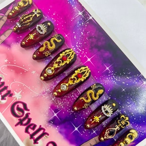 Mystic Magic- 1 of 1 Size Medium Black and Red Gothic  Luxury Press On Nail Set/Goth Nails/Witchy Nails/Goth Glam Nails/Alternative Nails