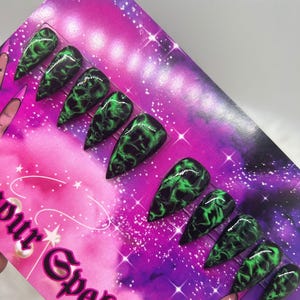 Ectoplasm- Gothic Black and Neon Green Marble Press On Nail Set- Black Nails/Neon Nails/ Witchy Nails/Halloween Nails
