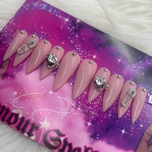 Pastel Rebel-Pink Goth Luxury Gel Press On Nails/Black & Silver Charm Nails/Black Alt Nails/Black Gothic Nails/Skull Nails/Alt Nails
