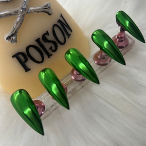 Sour Apple-Glossy Green Chrome Nails- Green Luxury Gel Press On Nails/Green Mirror Gel Nails/Witchy Nails/Gothic Green Nails