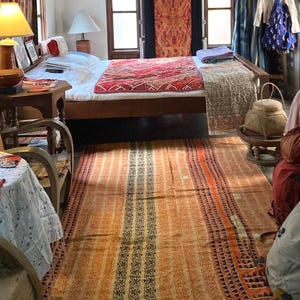 Vintage Indian Kantha Stitch Cotton Tapestry, Reversible Patchwork Wall Hanging Rug