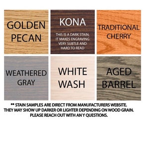 May include: Wood stain color samples in six different colors: Golden Pecan, Kona, Traditional Cherry, Weathered Gray, White Wash, and Aged Barrel.  **Stain samples are direct from manufacturers website. They may show up darker or lighter depending on wood grain. Please reach out with any questions.**