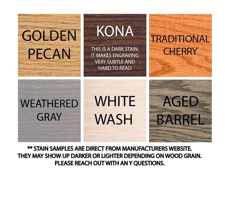 May include: Wood stain color samples in six different colors: Golden Pecan, Kona, Traditional Cherry, Weathered Gray, White Wash, and Aged Barrel.  **Stain samples are direct from manufacturers website. They may show up darker or lighter depending on wood grain. Please reach out with any questions.**