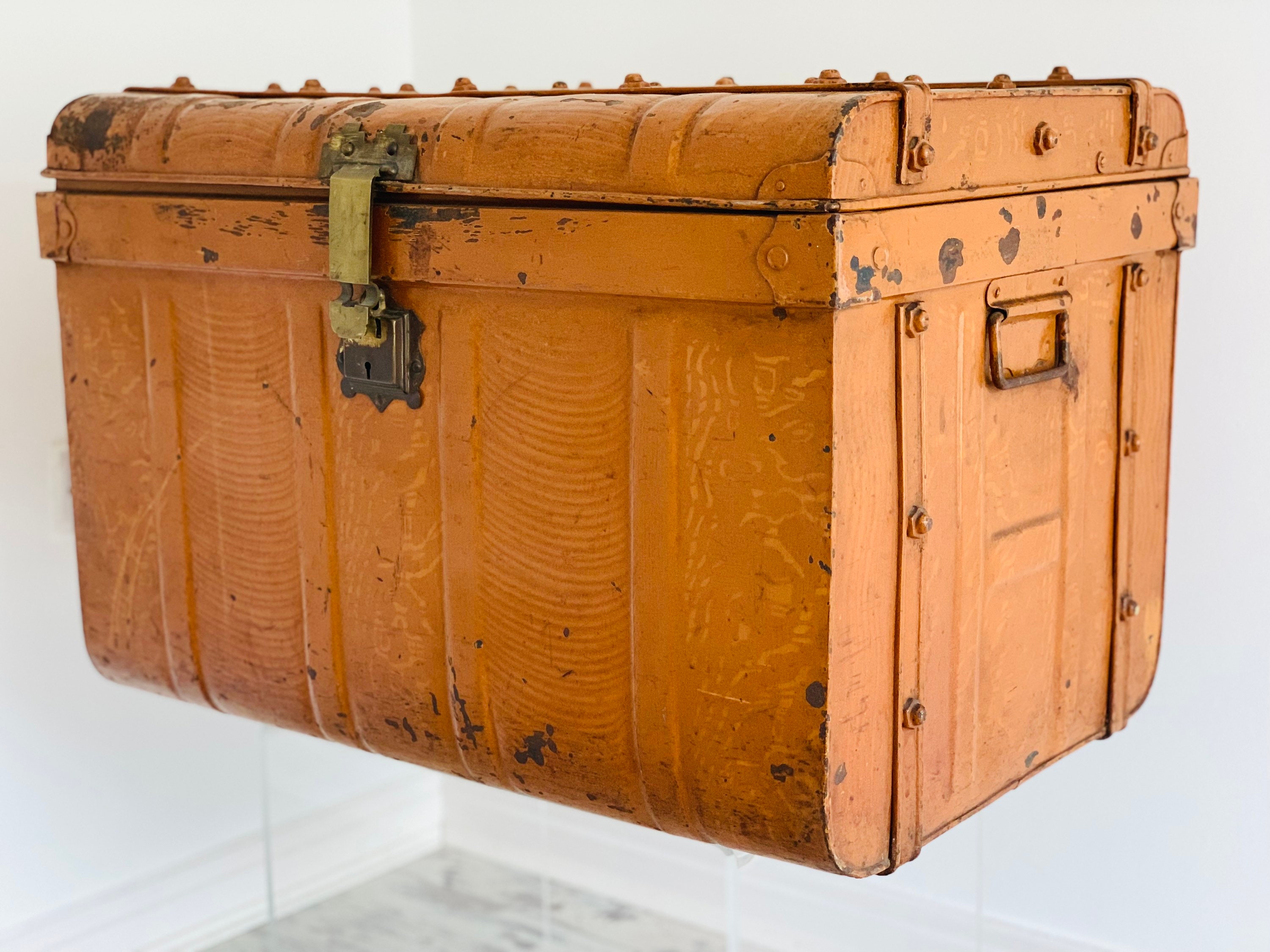 Large Antique Carriage Trunk, Steel, Railway, Steamer, Chest, Victorian