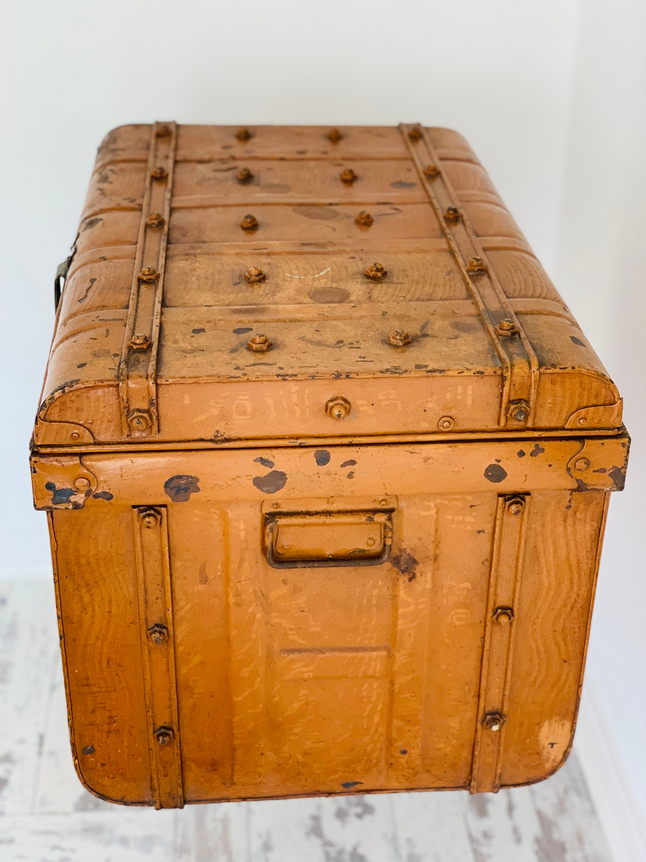 Large Antique Carriage Trunk, Steel, Railway, Steamer, Chest, Victorian