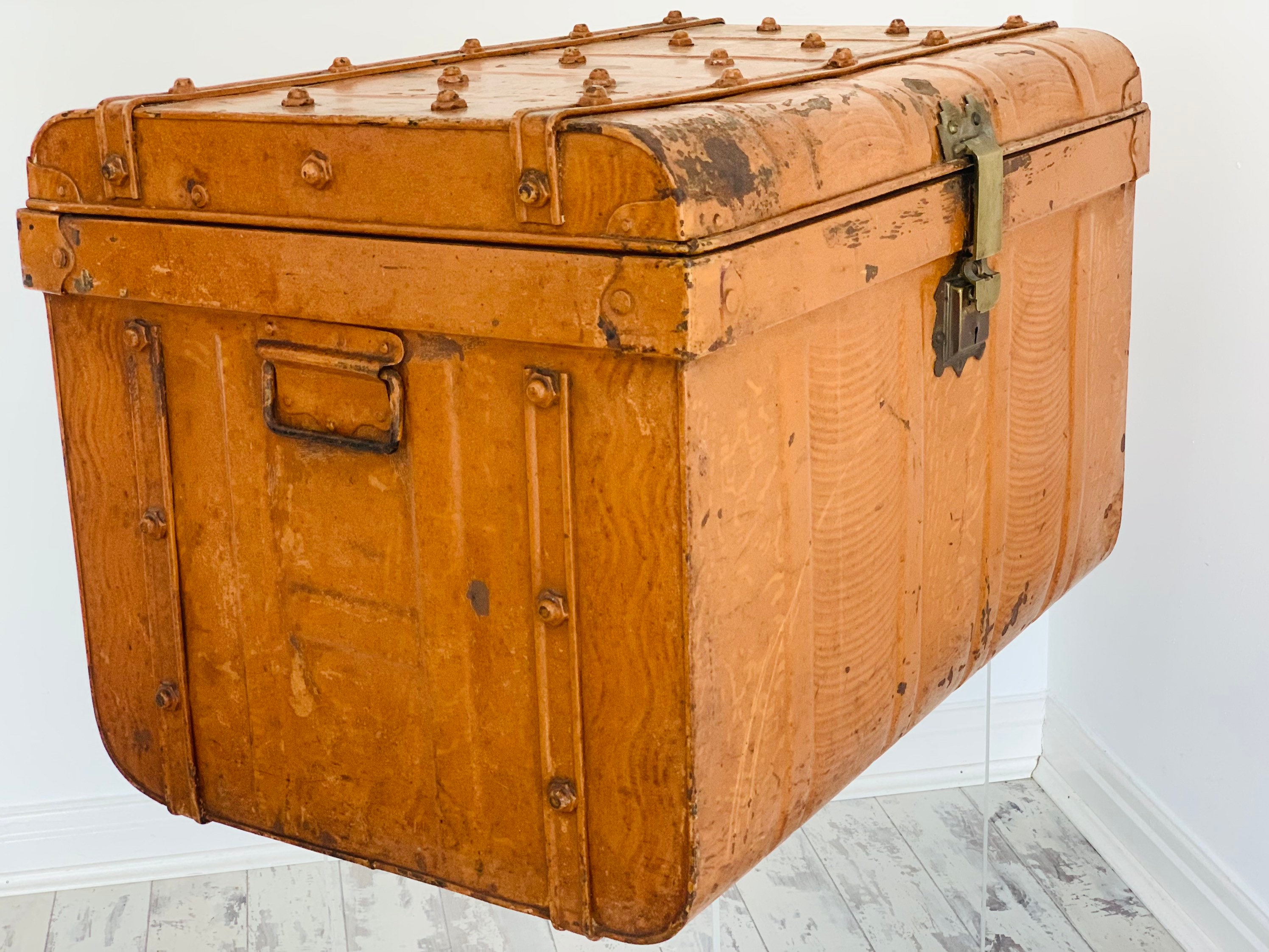 Large Antique Carriage Trunk, Steel, Railway, Steamer, Chest, Victorian