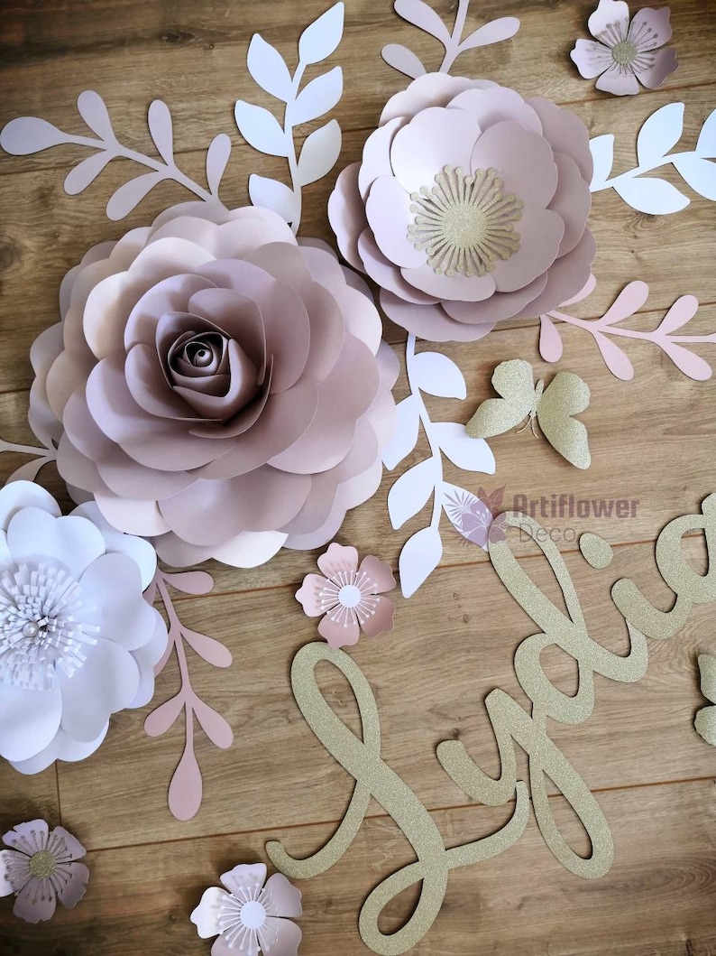 Rose Gold Paper Flower Wall Decor With Name Etsy