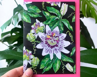 A6 Passion Flower Greetings Card with Bright Pink or Green Envelope | Blank | Botanical | Black | Leaves | Recycled Card