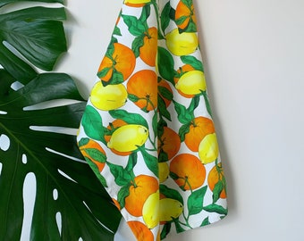 Zesty Luxury 100% Cotton Tea Towel | Tropical | Kitchen Textiles | Fruity | Lemons | Oranges | Leaves | Botanical | Fruits | Plants | Gift