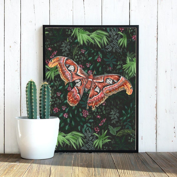 Wandering Atlas Moth | A5 | A4 | A3 | Tropical | Jungle | Botanical | Art Print | Wall Art | Butterfly | Flora and Fauna | Leaves | Foliage