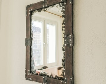 Steampunk Mirror/Antique Mirror with metal parts/Bathroom Mirror/Rustic Wall Mirror/steampunk mirrors for wall/Industriespiegel/