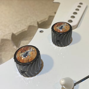 May include: Two black guitar knobs with a spider web and spider design. The knobs are on a white guitar body.