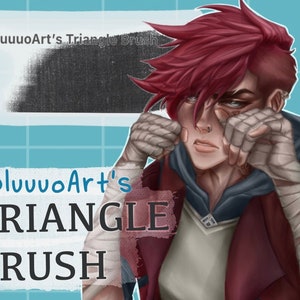 Peut inclure: Illustration numérique d'une personne aux cheveux roux portant une veste rouge et bleue. La personne se tient les mains au visage, avec des bandages blancs enroulés autour de ses poignets et de ses mains. Le texte "BluuuooArt's TRIANGLE BRUSH" est visible sur l'image.