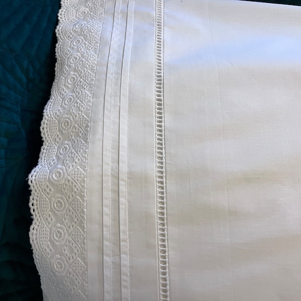 Monogrammed Pillowcase, Crisp white 100% cotton, pin tuck and broderie anglaise trim, envelope opening. Choice of thread colour initials