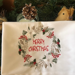 Embroidered Traditional Christmas Wreath T Towel, 100% white cotton t towel. Christmas Secret Santa Gift, Letterbox Gift