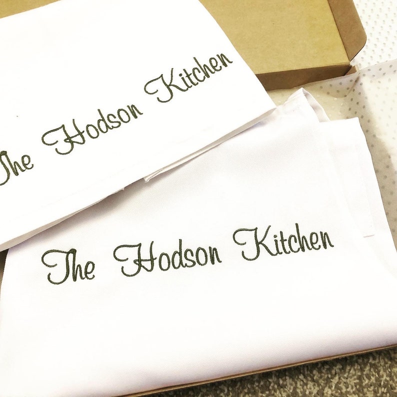 Gift boxed 100/% white cotton Embroidered Apron and matching T Towel