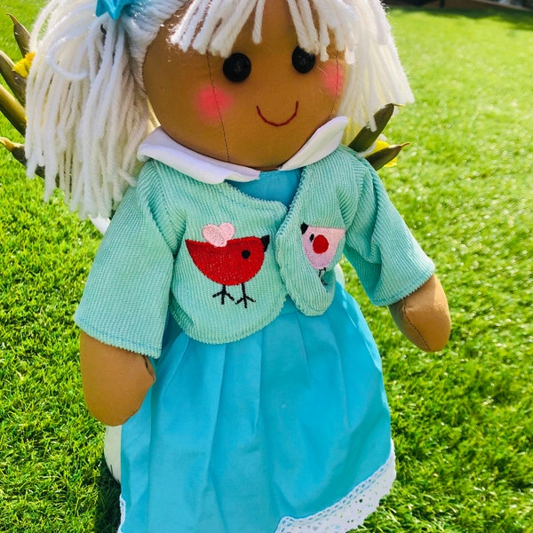 Personalised Rag Doll dressed in a beautiful blue outfit with a bird design. Traditional Rag Doll,Dolly. Gift, Embroidered personalised gift