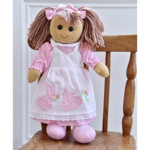 Personalised Rag Doll Dressed in a  Bunny design pink outfit with beautifully co-ordinated hair ribbons and shoes, Traditional Rag Doll