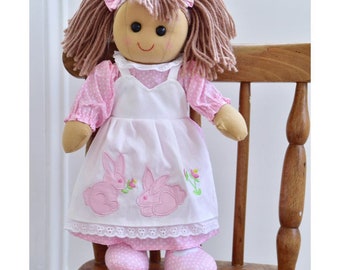 Personalised Rag Doll Dressed in a  Bunny design pink outfit with beautifully co-ordinated hair ribbons and shoes, Traditional Rag Doll