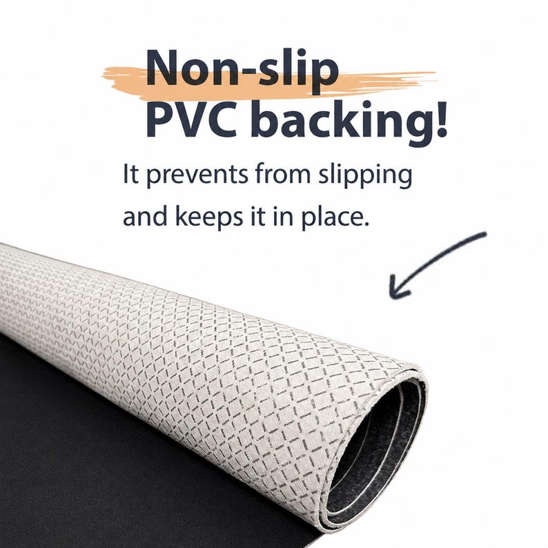 May include: A rolled mat featuring a textured light gray top surface with a repeating geometric pattern and a solid black non-slip PVC backing. The text reads: Non-slip PVC backing! It prevents from slipping and keeps it in place.