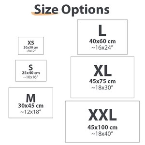 May include: A size chart titled Size Options displaying six rectangular dimensions in inches and centimeters: XS 8x12 inches (20x30 cm), S 10x16 inches (25x40 cm), M 12x18 inches (30x45 cm), L 16x24 inches (40x60 cm), XL 18x30 inches (45x75 cm), and XXL 18x40 inches (45x100 cm).