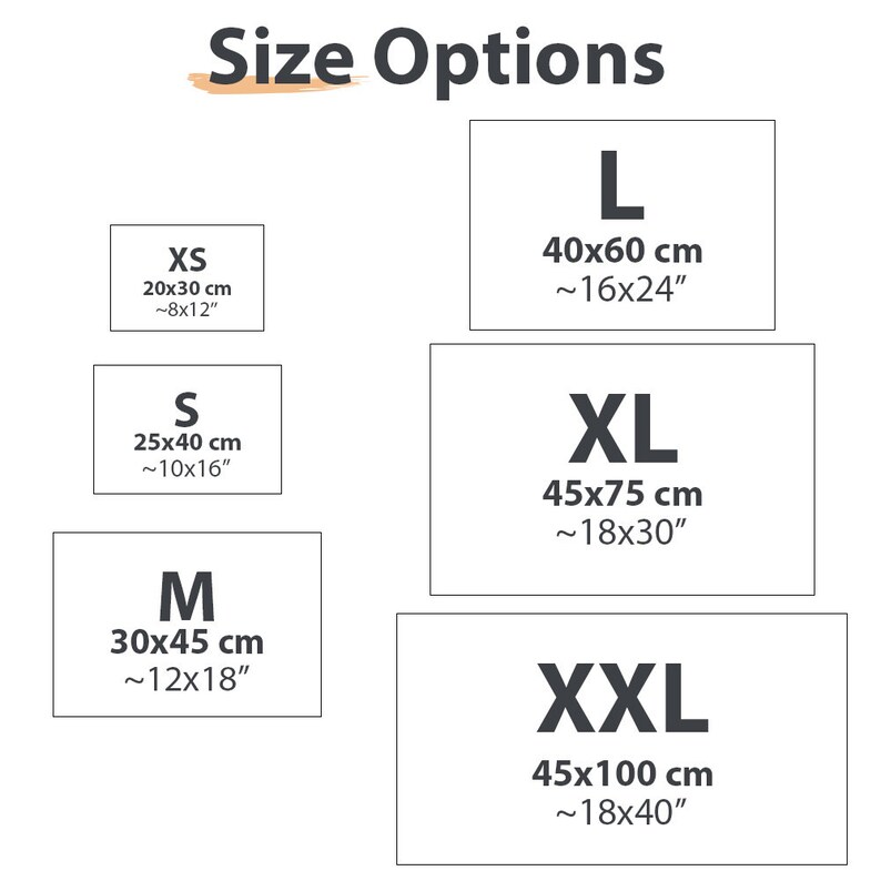 May include: A size chart titled Size Options displaying six rectangular dimensions in inches and centimeters: XS 8x12 inches (20x30 cm), S 10x16 inches (25x40 cm), M 12x18 inches (30x45 cm), L 16x24 inches (40x60 cm), XL 18x30 inches (45x75 cm), and XXL 18x40 inches (45x100 cm).