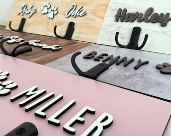 Supporto per guinzaglio in legno personalizzato per cani per 2/3 cani con zampa sollevata, cartello con nome, gancio per guinzaglio, gancio per collare, regalo per cuccioli, ingresso, anticamera, LHD