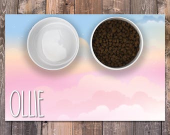 Personalized Dog / Cat Food Mat, Boho Sky Water Colors Design, Machine Washable Dog Cat Bowl Placemat Feeding Mat, Custom Pet Gift PM59