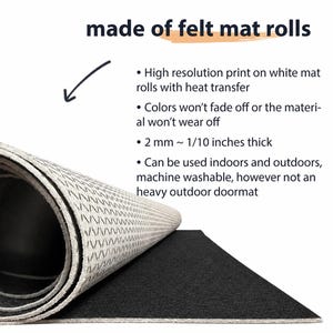May include: A felt mat roll with a white top surface featuring a black geometric pattern and a solid black underside. Text states: made of felt mat rolls, high resolution print, heat transfer, 2 mm ~ 1/10 inches thick, indoor and outdoor use.