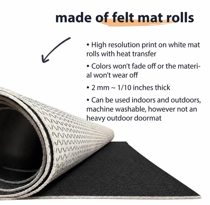 May include: A felt mat roll with a white top surface featuring a black geometric pattern and a solid black underside. Text states: made of felt mat rolls, high resolution print, heat transfer, 2 mm ~ 1/10 inches thick, indoor and outdoor use.