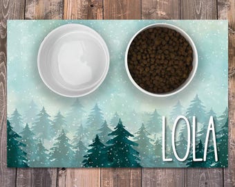 Personalized Dog / Cat Food Mat, Woods Forest in Winter Design, Machine Washable Dog Cat Bowl Placemat Feeding Mat, Custom Pet Gift PM61