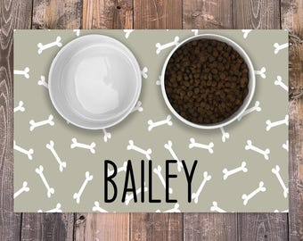 Personalized Dog / Cat Food Mat, Bones Design Machine Washable Pet / Dog / Cat Bowl Mat Placemat Feeding Mat, Custom Pet Gift PM39