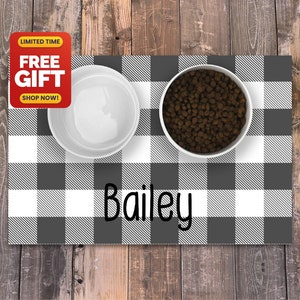 Personalized Dog / Cat Food Mat, Buffalo Check Design Machine Washable Pet / Dog / Cat Bowl Mat Placemat Feeding Mat, Custom Pet Gift PM38