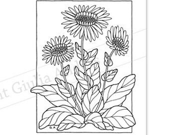 2 Printable Coloring Cards with envelope template, flowers, PDF, 8.5x11”
