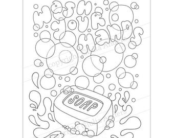 Wash Your Hands, Printable Coloring Page, PDF, 8.5x11”, A4, downloadable adult coloring page, colouring sheet for adults and kids