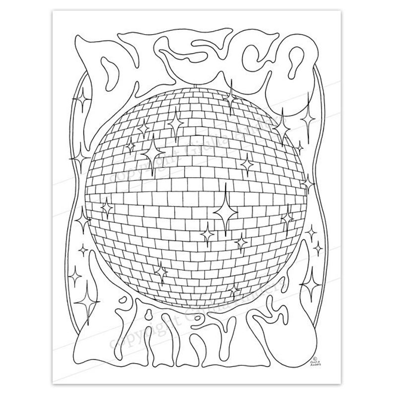 Disco Party Printable Coloring Page, PDF, 8.5x11, A4, downloadable adult coloring page, colouring sheet, disco ball image 1