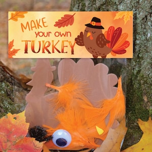 May include: A clear plastic bag filled with craft supplies for making a turkey. The bag includes a brown paper turkey body, orange feathers, a googly eye, and a black pom-pom. The bag has a label that says "Make your own TURKEY".