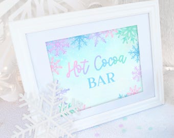 Hot Cocoa Bar Sign PRINTABLE, Winter Wonderland Hot Chocolate Bar, Pinkmas Pink Christmas Pastel Snowflake Hot Cocoa Sign, Digital Download