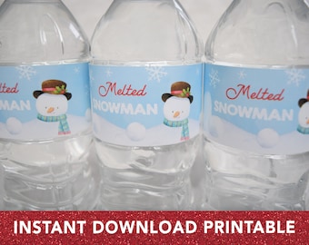 Melted Snowman Water Bottle Label Wrapper PRINTABLE, Christmas Water Bottle Wrapper,  Snowman Theme Party, Instant Digital Download